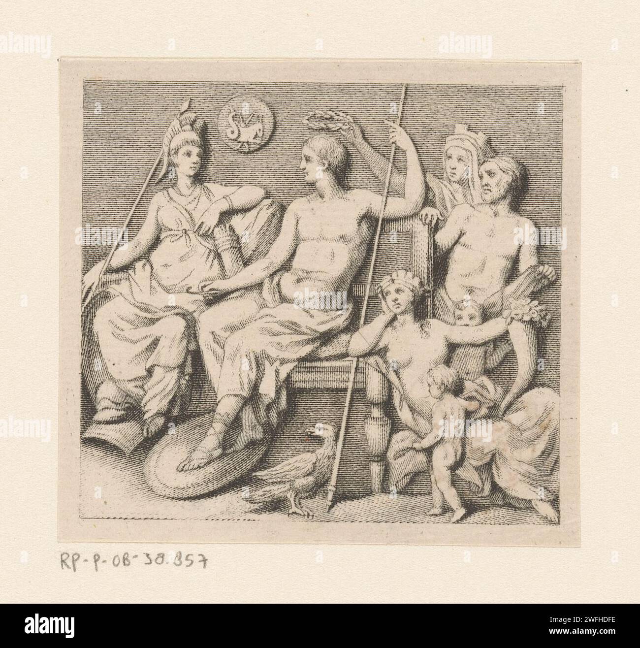 L'homme est honoré, Giovanni Marco Pitteri, 1757 print Un homme assis tient un bâton dans sa main, tandis qu'une couronne de Laurier est tenue au-dessus de sa tête. A gauche se trouve Minerva et à droite deux enfants, deux femmes et un homme. Au premier plan un aigle. Gravure sur papier Italie couronnant de Laurier. (Histoire de) Minerve (Pallas, Athéna). oiseaux prédateurs : aigle Banque D'Images