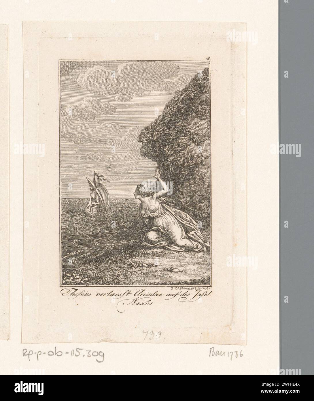 Thésée laisse Ariane follement derrière Naxos, Daniel Nikolaus Chodowiecki, 1794 estampe numérotée en haut à droite : 4. Avec légende en allemand. Berlin papier gravure (histoire de) Theseus. Ariadne est parti sur l'île de Naxos Banque D'Images