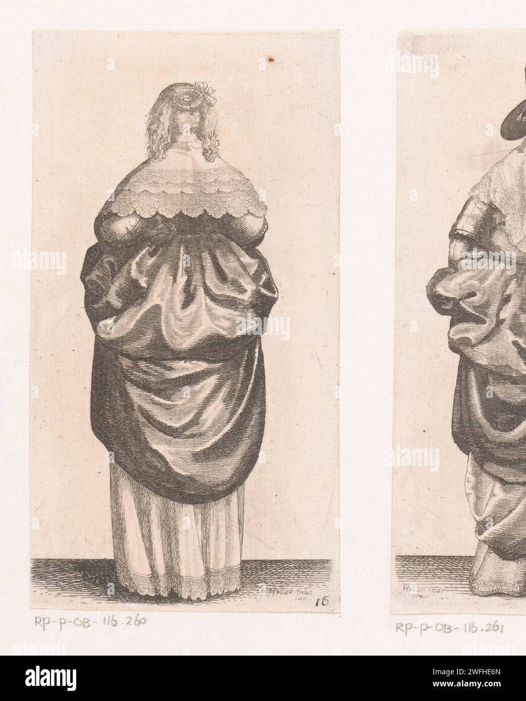 Femme anglaise de stand avec des cheveux partiellement lâches -pendants, vu sur le dos, Wencslaus Hollar, 1665 - 1707 Femme anglaise, vu sur le dos. La coiffure est composée de cheveux qui sont peignés du front à l'arrière et sont attachés ensemble, boucles frisées de chaque côté du visage. Du cou au-dessus des épaules, un tissu de cou avec une large bande festonnée côté. En enregistrant la robe, le jupon avec zoom en dentelle est visible. Jupe de gravure en papier London (UNDERSKIRT) (+ vêtements pour femmes). mode, vêtements (+ dentelle utilisée pour les vêtements). Européens : Anglais (+ femmes). assiettes mode. robe, robe Banque D'Images