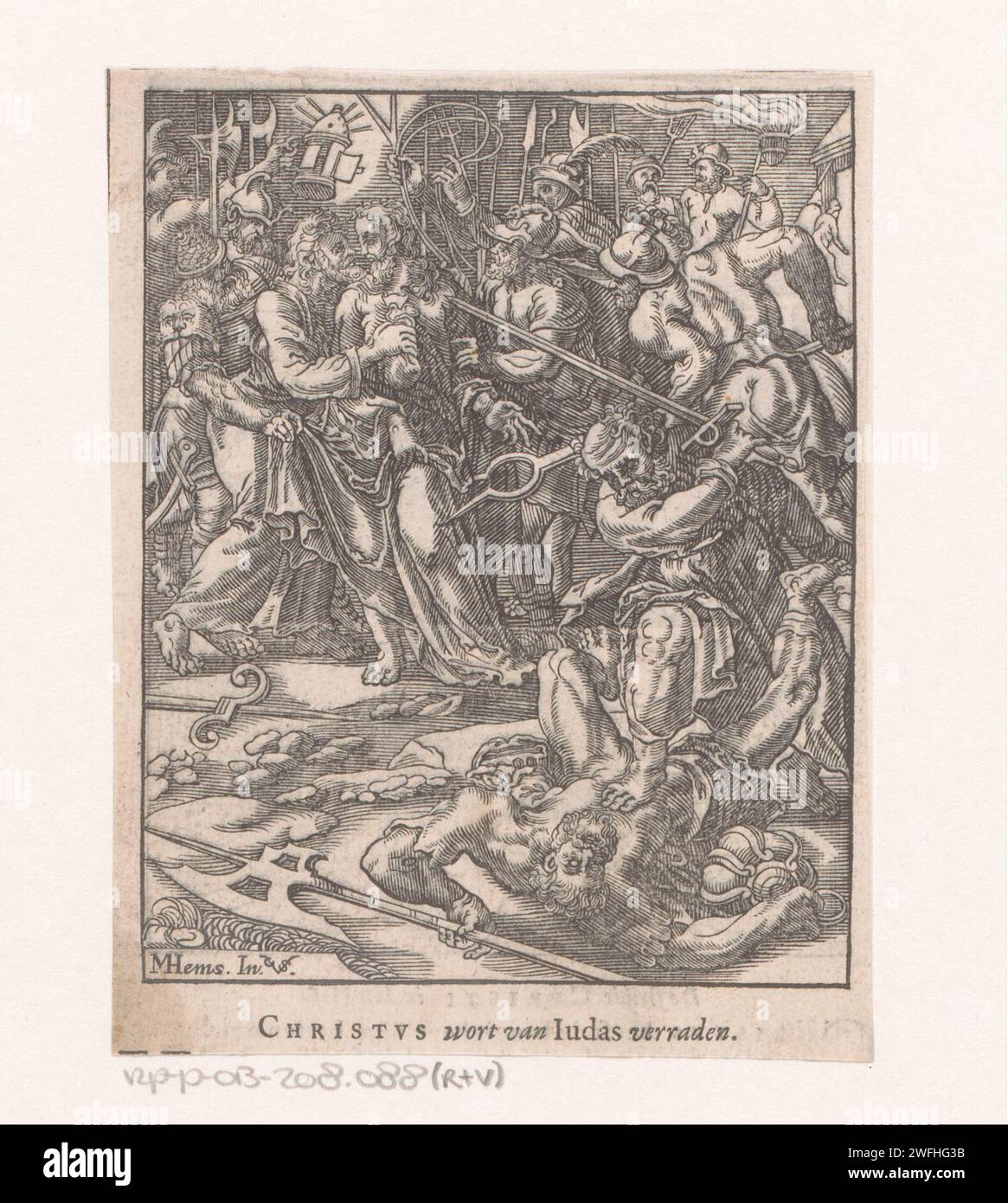 Judaskus et arrestation du Christ, 1648 imprimer Judas embrasse le Christ sur la joue. Les soldats l'encerclent et l'arrêtent. Pierre tente de défendre Christ et attaque un des soldats. Imprimeur : Netherlandsafter design by : Haarlempublisher : Amsterdam papier impression typographique le baiser de Judas : accompagné de soldats avec des torches et des lanternes, il embrasse Christ Banque D'Images