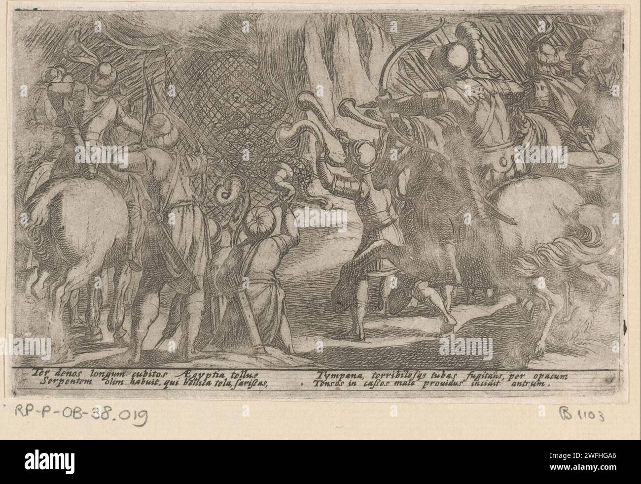 Les chasseurs attrapent un serpent géant, Antonio Tempesta, 1602 imprimer un groupe de chasseurs attrapent un serpent géant dans un filet. Texte en latin en STUDMARGE. Imprimeur : Italypublisher : RomeItaly paper gravure Hunter. Chasseurs chassant (N.B. : en 1988-1990, cette notation désignait le concept de 43C11421 'chasseurs se reposant pendant la chasse'). serpents. monstres plus grands que la normale Banque D'Images