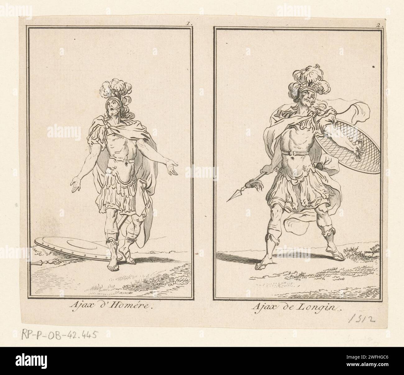 Deux images d'Ajax, Laurent Cars, 1709 - 1771 impriment deux images encadrées d'Ajax : Ajax de Homerus et Ajax van Longin. Numéroté central et en haut à droite : 1. et 2. France papier gravure Ajax le Grand Banque D'Images