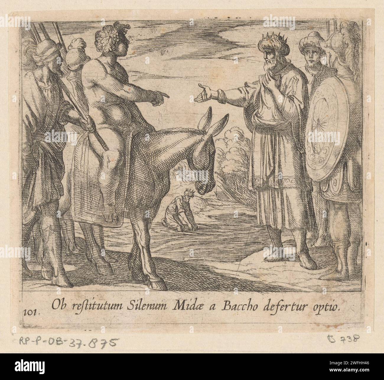 Bacchus autorise le vœu de Midas, Antonio Tempesta, 1606 print Bacchus est assis sur un âne et permet au roi Midas de faire un vœu. Titre en latin en STUDMARGE. Imprimeur : Italypublisher : Antwerp papier gravure Midas avant Bacchus Banque D'Images
