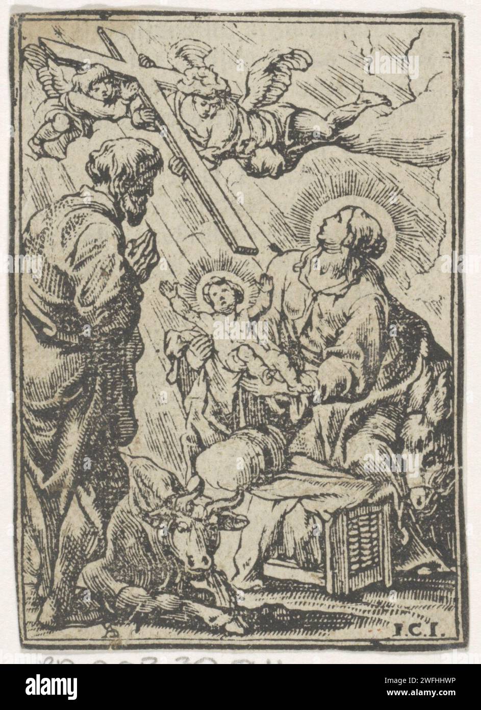 Naissance du Christ, Jan Christoffel Jegher, d'après Antoine Sallaert, 1649 estampe avec l'enfant Christ, Marie se tient dans ses bras dans l'étable avec le boeuf et l'âne. Joseph prie à côté de la crèche. Deux anges tiennent une grande croix au-dessus de l'enfant Christ. Impression typographique papier Anvers Marie, Joseph et le Christ nouveau-né (Nativité) Banque D'Images
