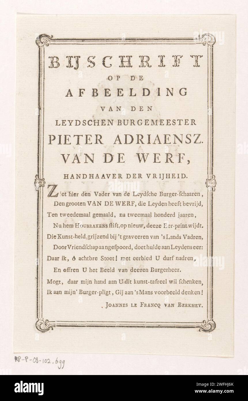 Feuille de texte appartenant au portrait de Pieter Adriaansz. Van der Werf, Johannes le Francq van Berkhey, 1774 feuille de texte feuille de texte appartenant au portrait de Pieter Adriaansz. Van der Werf. Le texte comporte dix-huit règles en néerlandais, dans un cadre. Impression typographique sur papier Leiden Banque D'Images