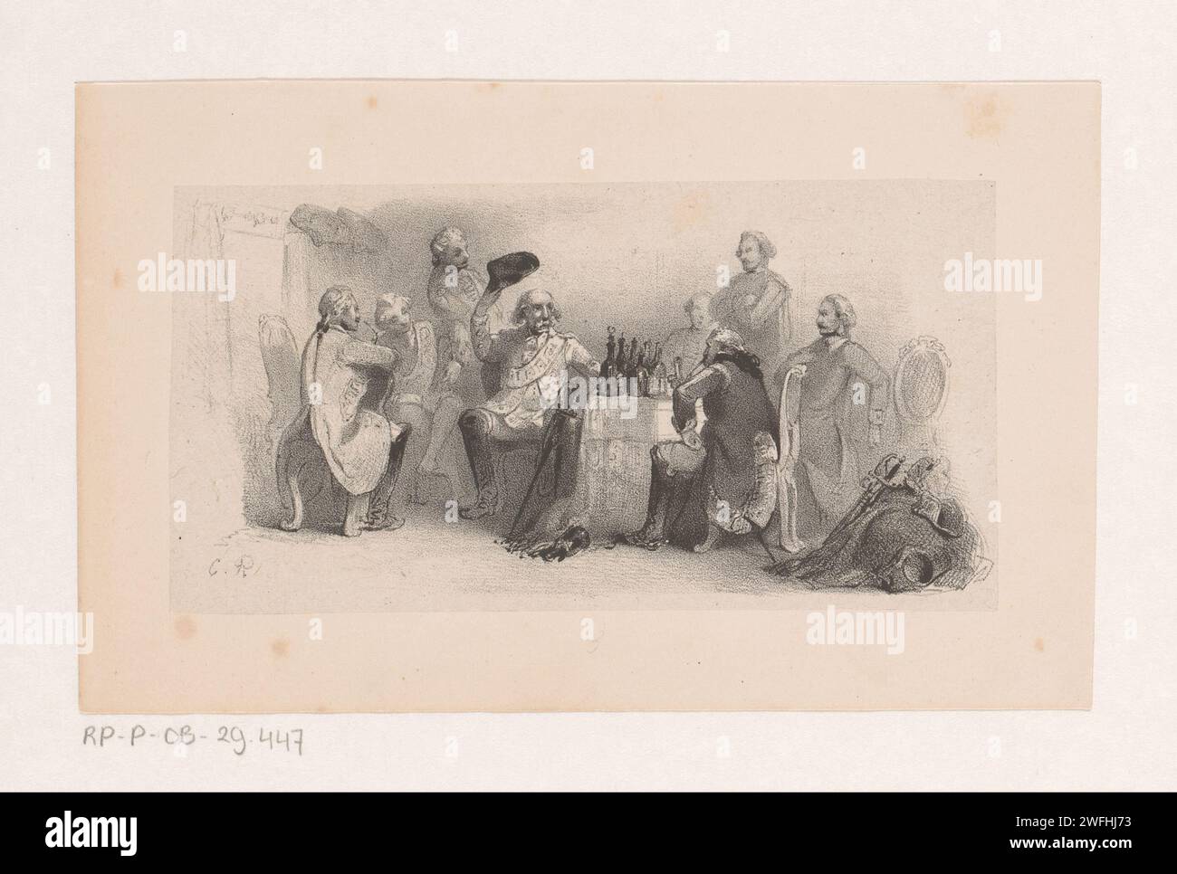Groupe d'hommes à la table, Charles Rochussen, en ou avant 1843 imprimer dans un intérieur il y a un groupe d'hommes autour d'une table avec des bouteilles. L'homme au milieu enlève son chapeau. L'homme à droite du dos est probablement Karl Friedrich Hieronymus Baron von Münchhausen. Le journal de la Haye. homme adulte. Baron Münchausen Banque D'Images