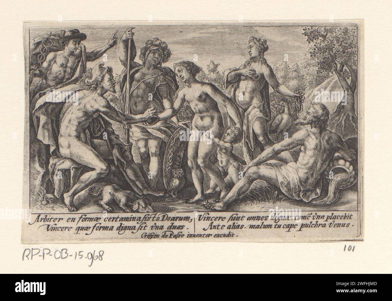 Jugement de Paris, Crispijn van de passe (I), 1602 - 1607 imprimer Paris doit juger les trois plus belles déesses de l'Olympe sur leur beauté : Junon (avec le paon), Vénus (accompagnée d'Amor) et Minerve (accompagnée d'un hibou). Paris donne la pomme d'or d'Eris à Vénus. Montres Mercury. Dans la marge, une légende de quatre lignes, en deux colonnes, en latin. Cologne papier gravure le jugement de Paris (Mercure présent) Banque D'Images