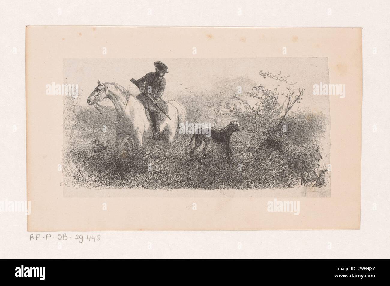 Baron von Münchhausen Jagt, Charles Rochussen, avant 1843 estampe Karl Friedrich Hieronymus Baron von Münchhausen avec un fusil de chasse à cheval. Sur la droite se trouvent des chiens de chasse et un groupe d'oiseaux dans le paysage. Le journal de la Haye. Baron Münchausen. chasse, chasse Banque D'Images