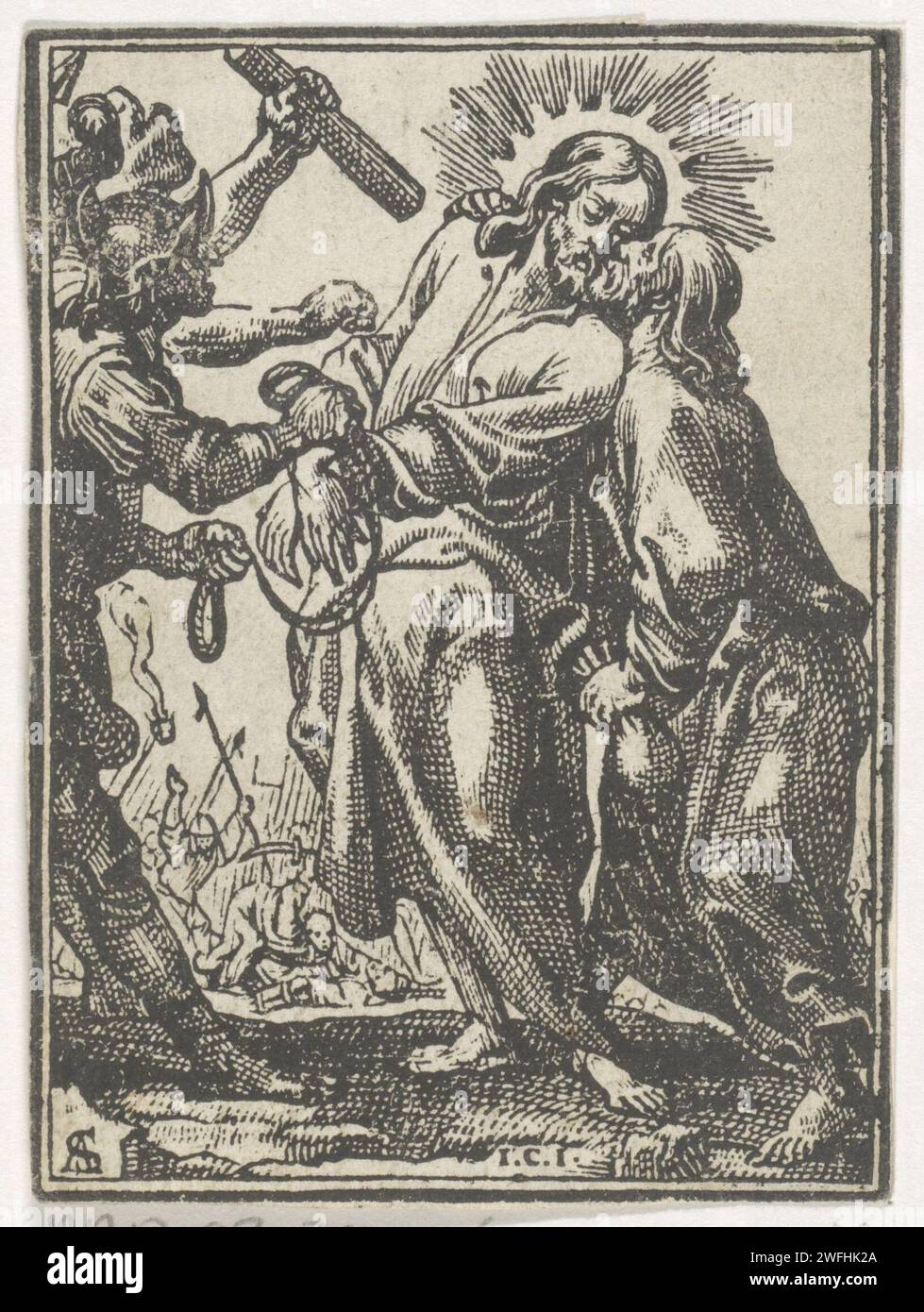 Collection du Christ, Jan Christoffel Jegher, d'après Antoine Sallaert, 1649 print le Christ est capturé par des soldats. Judas l'embrasse sur la joue. En arrière-plan Pierre lève son épée pour enlever l'oreille de Malchus. Typographie papier anversoise imprimant le baiser de Judas : accompagné de soldats avec des torches et des lanternes, il embrasse le Christ. Pierre tire son épée et coupe l'oreille de Malchus Banque D'Images