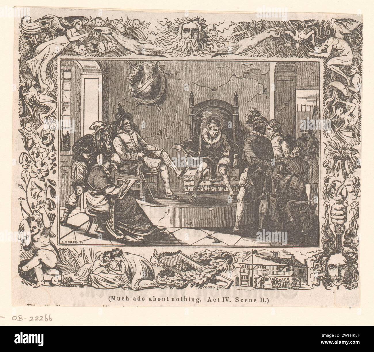 Vorst en discussion avec le public, Albert Vogel, Adolph Menzel, 1824 - 1886 imprimer scène de la pièce de Shakespeare 'Much ado about Nothing' (acte IV. Scène II), dans un cadre ornemental d'un dessin d'Adolf Menzel. papier ouvrages spécifiques de littérature Banque D'Images