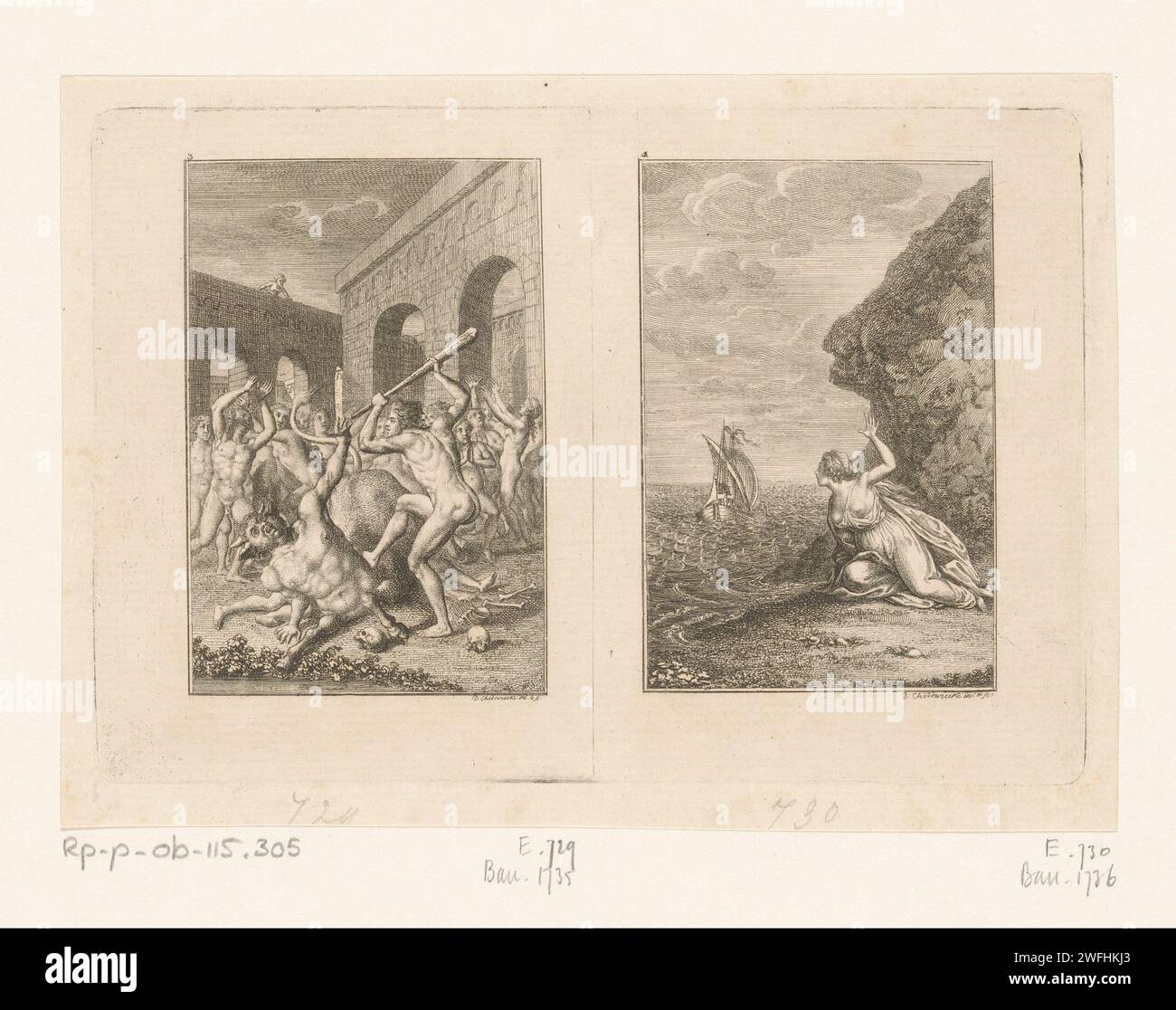 Deux représentations de la vie de Thoseus, Daniel Nikolaus Chodowiecki, 1794 print left : Theseus bat le Minotaurus. Droite : Thoseus laisse Ariane pleurer sur Naxos. Numéroté en haut à gauche : 3,4. Berlin papier gravure (histoire de) Theseus. Thésée tue le Minotaure. Ariadne est parti sur l'île de Naxos Banque D'Images