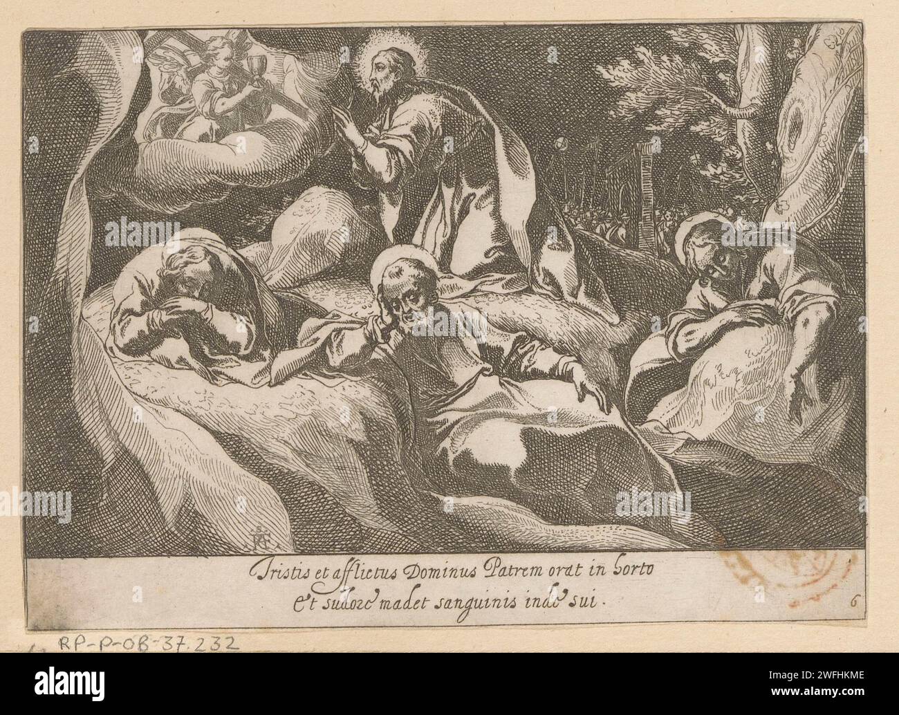 Christus in de Hof van Getsemane, Raffaello Schiambinosso, 1602 - 1604 imprimer Christ prie Dieu dans la cour de Getsemane. A gauche entre les nuages un ange avec une croix et une fausse couche. Petrus, Jakobus le supérieur et Jean sont au premier plan. Dans la marge inférieure un texte latin de deux lignes. Papier de Rome mordant la prière du Christ dans le jardin de Gethsémani pendant la nuit Banque D'Images