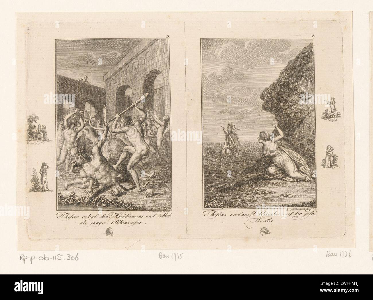 Deux représentations de la vie de Thoseus, Daniel Nikolaus Chodowiecki, 1794 print left : Theseus bat le Minotaurus. Droite : Thoseus laisse Ariane pleurer sur Naxos. Avec légende en allemand et numéro en haut à gauche : 3,4. Dans la marge, différentes têtes et figures sont gravées de manière sommaire. Berlin papier gravure (histoire de) Theseus. Thésée tue le Minotaure. Ariadne est parti sur l'île de Naxos Banque D'Images