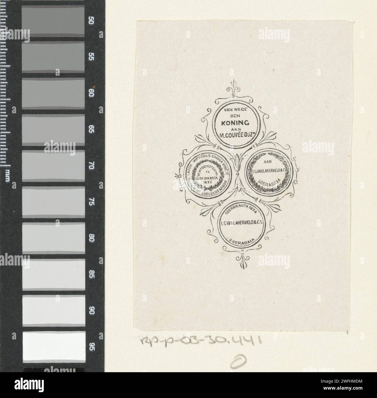 Jetons à l'occasion d'expositions à Java, Isaac Weissenbruch, 1874 - 1876 imprimer pièce de monnaie en papier des pays-Bas. Collection, exposition, spectacle Jogjakarta. Surabaya. Soerakarta Banque D'Images