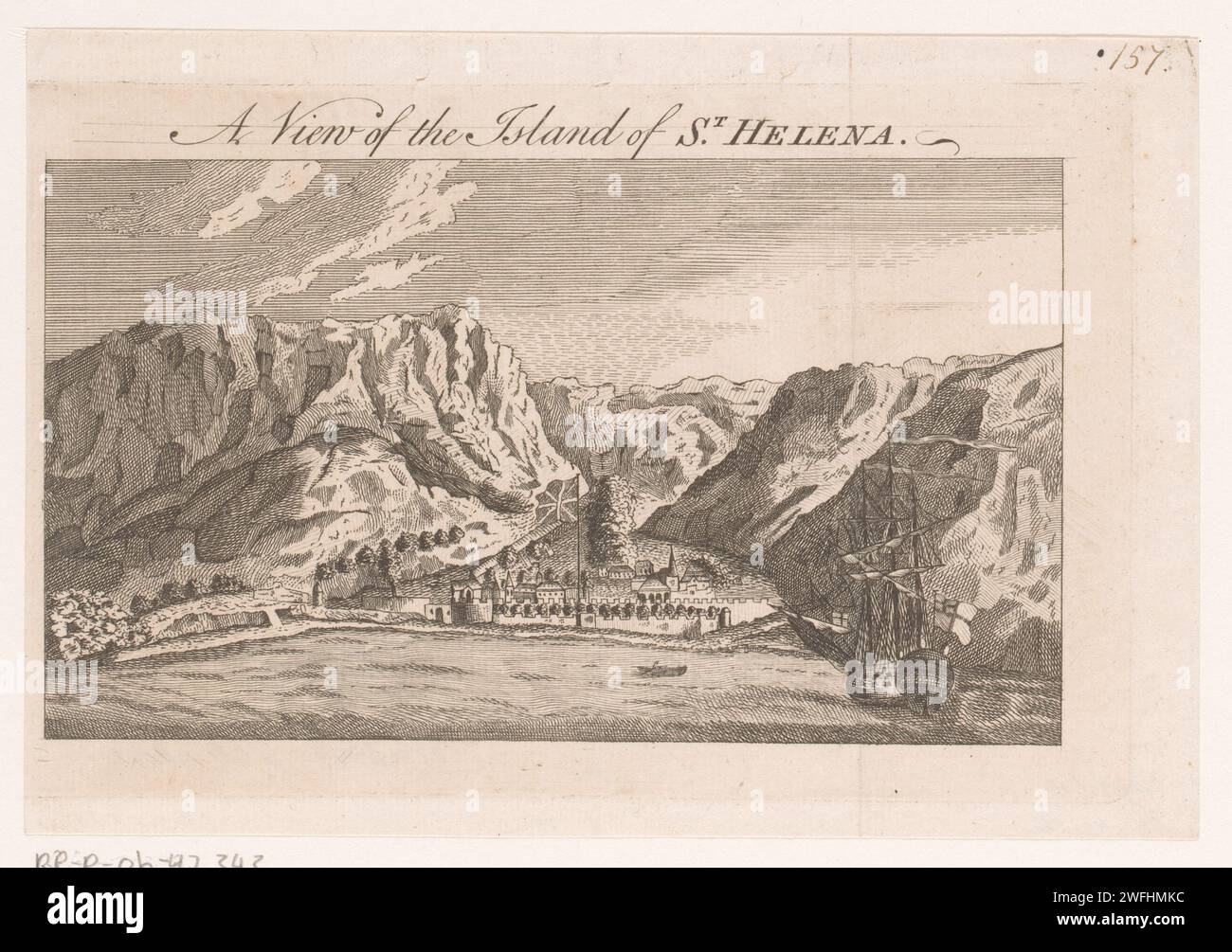 Vue de Jamestown sur l'île de Sint-Helena à l'ouest de la côte africaine, en ou après 1659 - c. 1700 impression en haut à droite manuscrite numérotée : 157. îlot de gravure de papier. Vue sur la ville, et paysage avec constructions artificielles Sint-Helena Banque D'Images