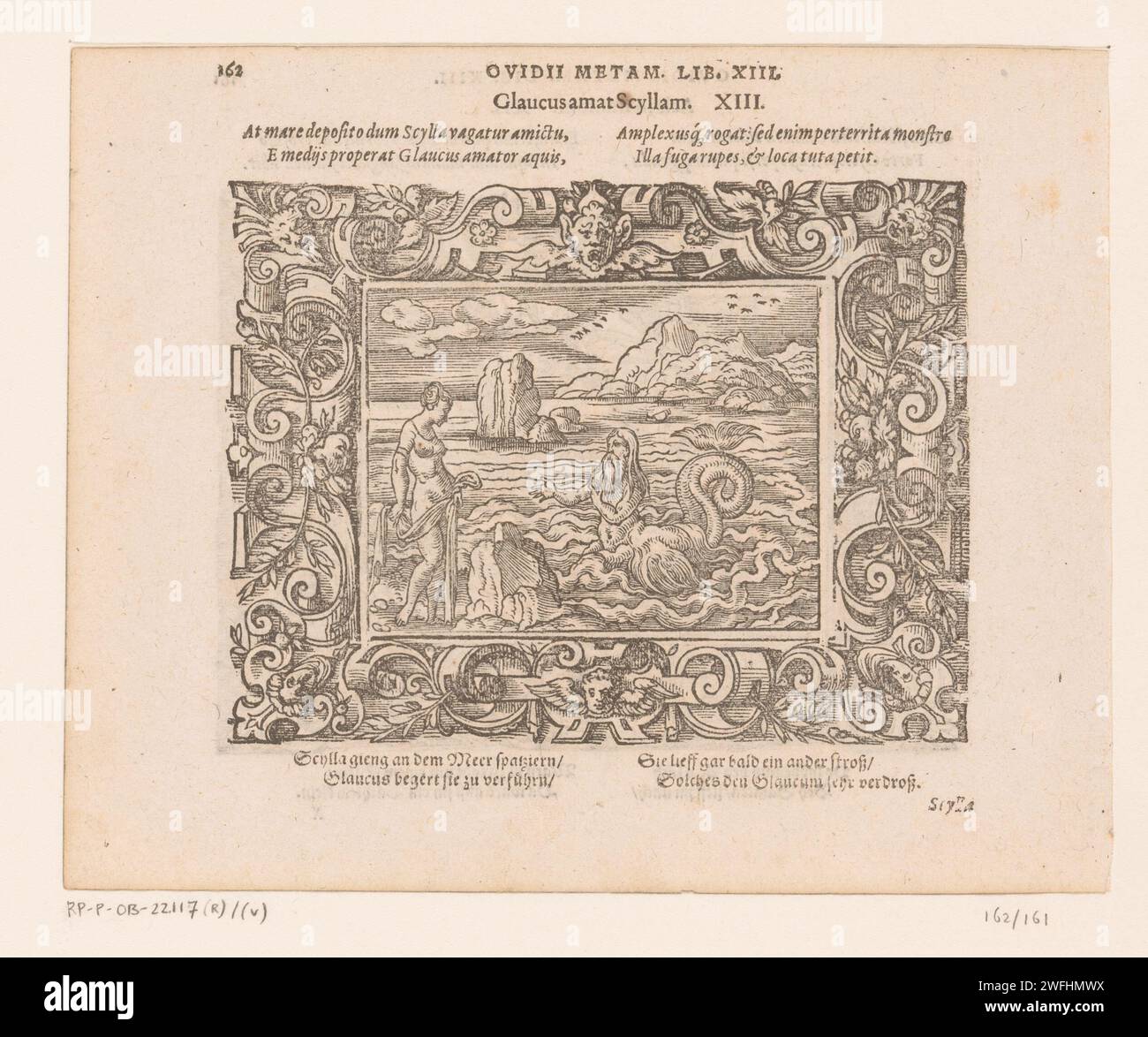 Gray en Scylla, Virgil, 1569 imprimeur : NeurenbergPublisher : Frankfurt am Mainpublisher : Frankfurt am Mainpublisher : Frankfurt am main papier impression typographie scrollwork, strapwork  ornement. Scylla fuyant glaucus Banque D'Images