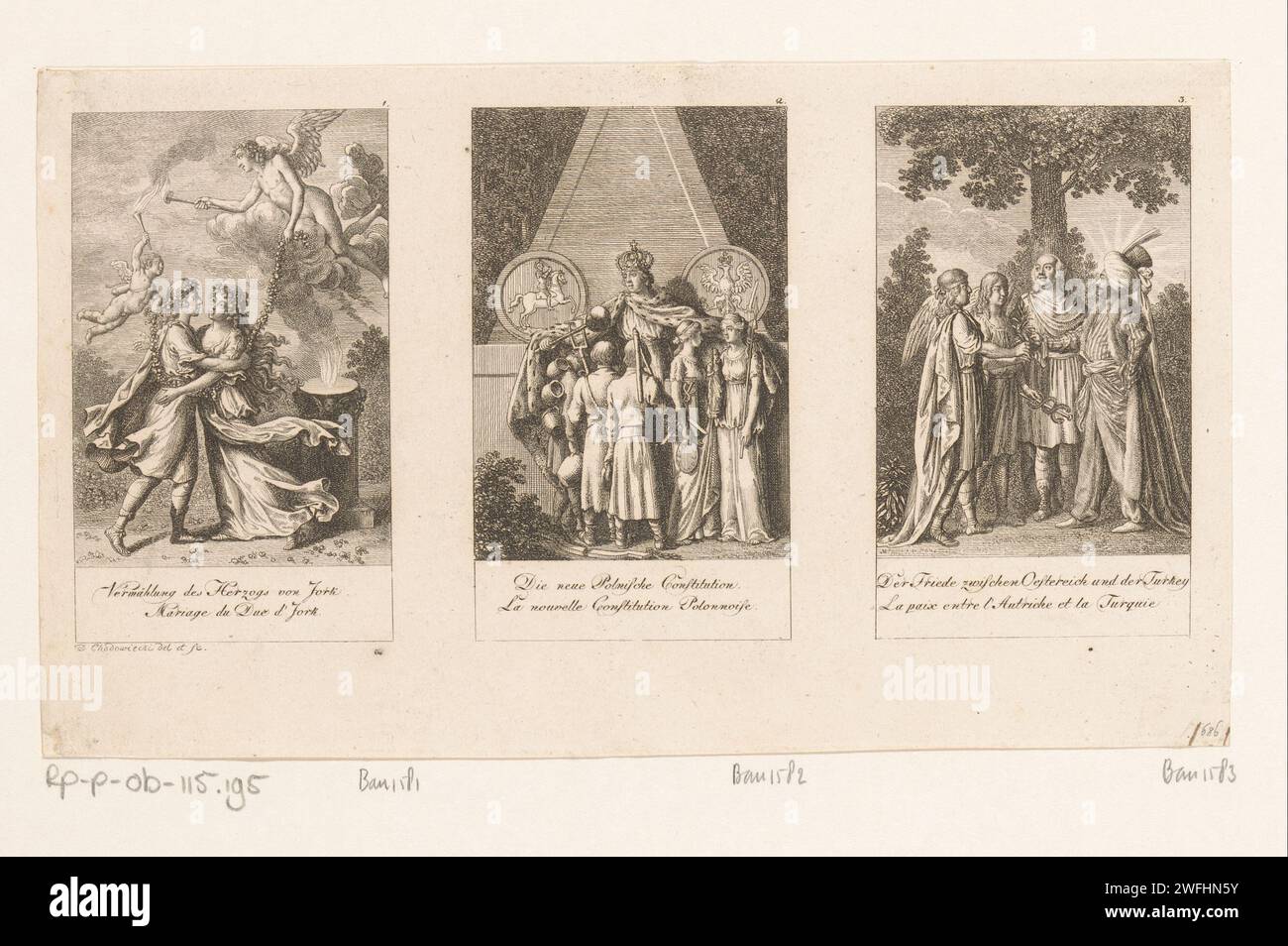 Trois représentations d'événements de la nouvelle histoire, Daniel Nikolaus Chodowiecki, 1792 print les estampes sont numérotées en haut à droite. Avec légende en allemand et en français. Berlin papier gravure Histoire. fiançailles et mariage. (Histoire de) Cupidon, Amor (Eros). torche. garland, couronne. Liberté, liberté ; 'Libertà' (Ripa). souverain, souverain. Représentations symboliques, allégories et emblèmes  art ; 'Arte' (Ripa). commerce, commerce et finances. guerre. Races et peuples asiatiques : Turcs. Signe esculapien. paix Banque D'Images Trois représentations d'événements de la nouvelle histoire, Daniel Nikolaus Chodowiecki, 1792 print les estampes sont numérotées en haut à droite. Avec légende en allemand et en français. Berlin papier gravure Histoire. fiançailles et mariage. (Histoire de) Cupidon, Amor (Eros). torche. garland, couronne. Liberté, liberté ; 'Libertà' (Ripa). souverain, souverain. Représentations symboliques, allégories et emblèmes  art ; 'Arte' (Ripa). commerce, commerce et finances. guerre. Races et peuples asiatiques : Turcs. Signe esculapien. paix Banque D'Images