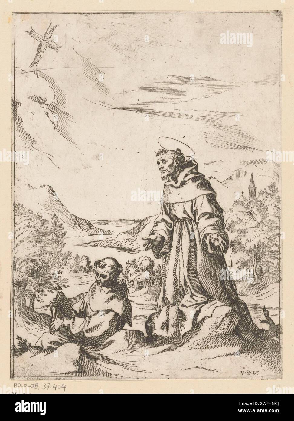 Saint François reçoit la Stigmata, Vespasiano Strada, c. 1592 - 1622 imprimer Saint François voit sa vision et reçoit les blessures croisées (stigmates). A gauche un franciscain avec un livre. Italie papier gravure stigmatisation de St. François d’Assise : en retraite sur le mont Alverna, il voit une vision du Christ sur la croix enveloppée d’ailes (comme un séraphin à six ailes) ; les rayons qui descendent jusqu’au corps du saint agenouillé forment les marques des cinq blessures du Christ Banque D'Images