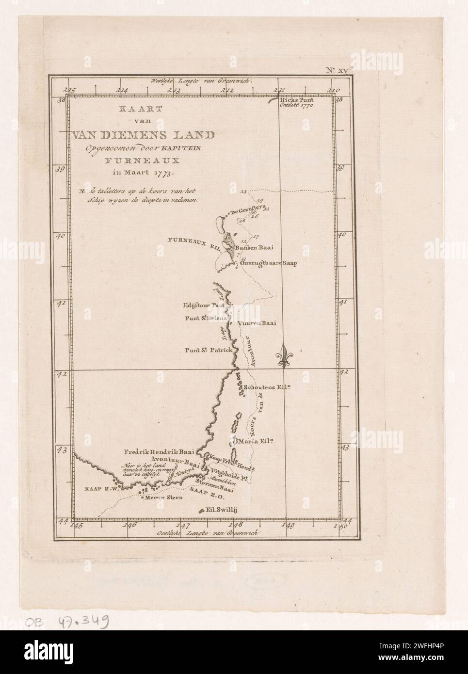 Carte de la côte de Tasmanie, anonyme, 1799 imprimé numéroté en haut à droite : 15. Editeur : Leidenpublisher : Amsterdampublisher : cartes de gravure sur papier de la Haye, atlas. île de Tasmanie Banque D'Images
