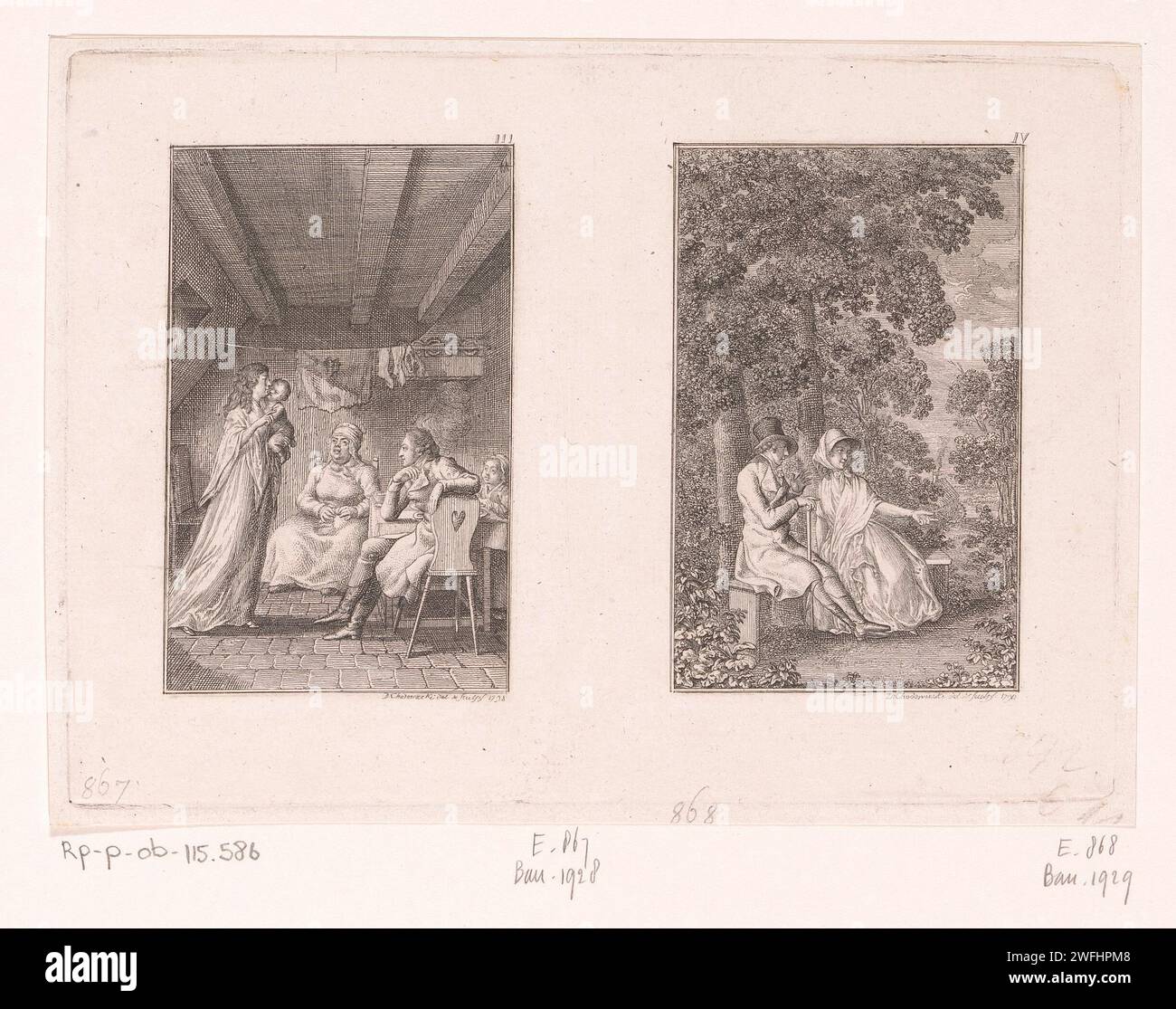 Deux représentations tirées des histoires de Wilhelm Gottlieb Becker, Daniel Nikolaus Chodowiecki, 1798 exemplaires numérotés en haut à droite : 3 et 4. Rencontre des amoureux de la gravure sur papier de Berlin. banc. voyages ; tourisme. mère et bébé ou jeune enfant Banque D'Images