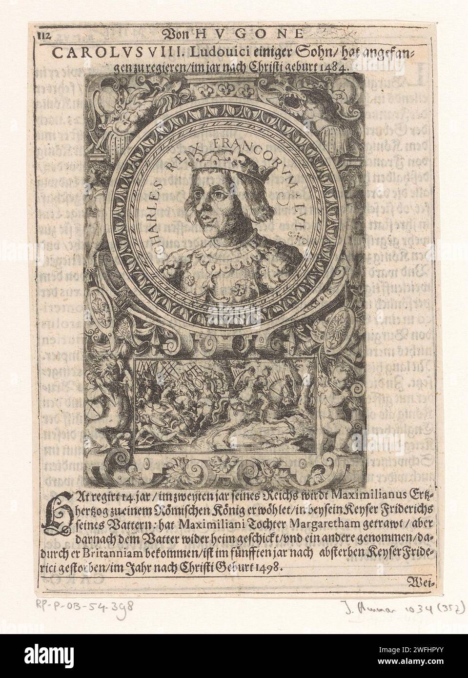 Portrait de Charles VIII, roi de France, Jost Amman, 1598 tirage papier Nuremberg gravure de personnages historiques. souverain, souverain. scrollwork, strapwork  ornement Banque D'Images