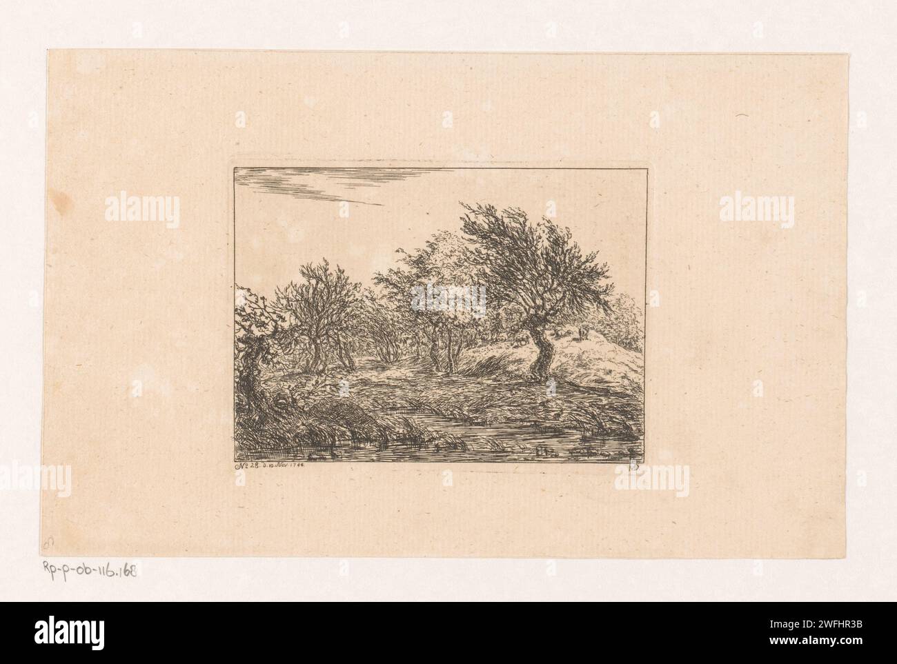 Paysage avec un berger sur l'eau, Christian Ludwig von Hagedorn, 1744 estampe Nummered en bas à gauche : n ° 28. paysages de gravure de papier (+ paysage avec des figures, staffage). troupeaux, bergers, bergers, bergers, bergers, bergers, vache, etc Banque D'Images