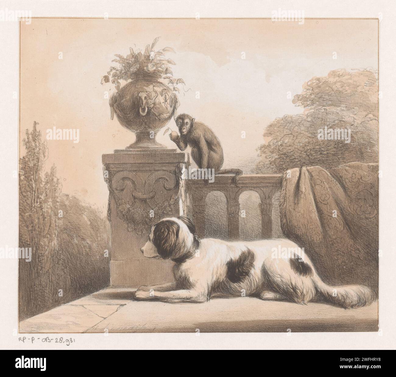 Chien et singe sur la terrasse, Arie Ketting de Koningh, 1849 - 1859 imprimer le singe est assis à côté d'un vase de jardin et a une pomme dans sa jambe. Sur la droite se trouve un tapis au-dessus de la balustrade. chien en papier. singes, singes. terrasse Banque D'Images
