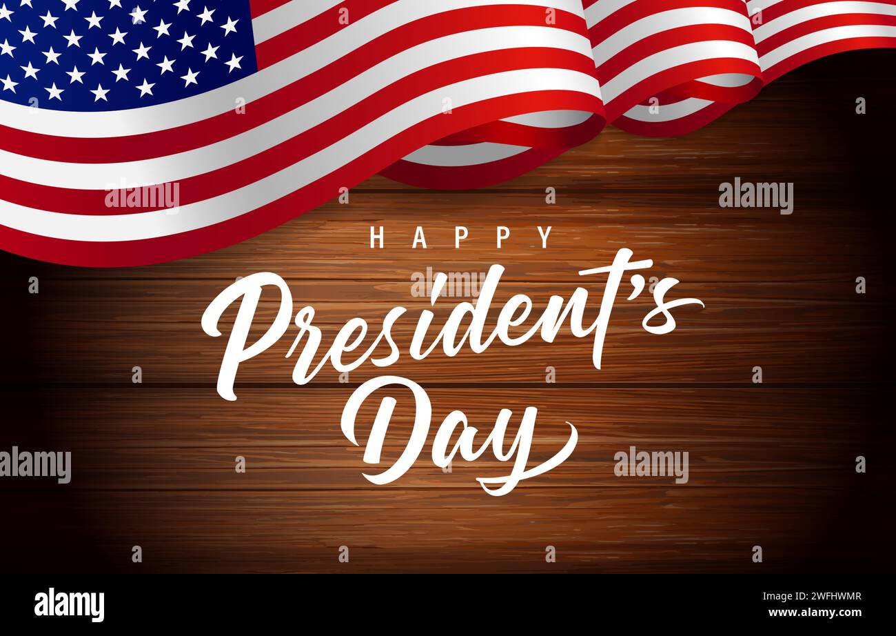 Joyeux lettrage de la journée du Président avec drapeau USA sur des planches de bois. Présidents américains de vacances, concept créatif pour affiche ou bannière. Illustration vectorielle Illustration de Vecteur