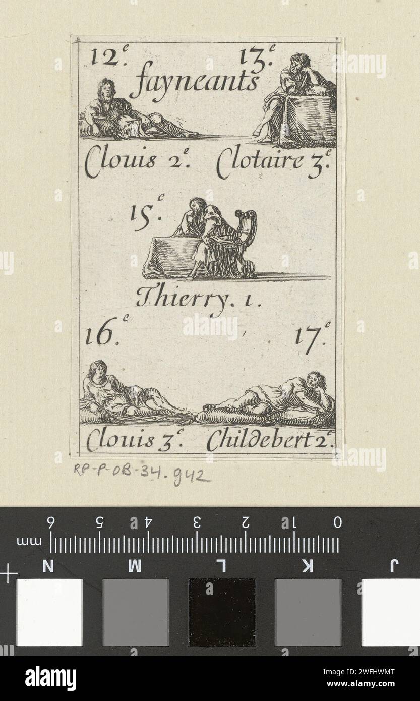 Clovis 2, Chlotharius 3, Theuderic 1, Clovis 3 en Childebert 2., Stefano della Bella, 1620 - 1664 print. Carte à jouer carte à jouer avec les performances des rois Clovis II, Chlotharius III, Theuderic I, Clovis III et Childebert II Texte sous les performances. Règle de gravure de papier de Paris, souverain Banque D'Images