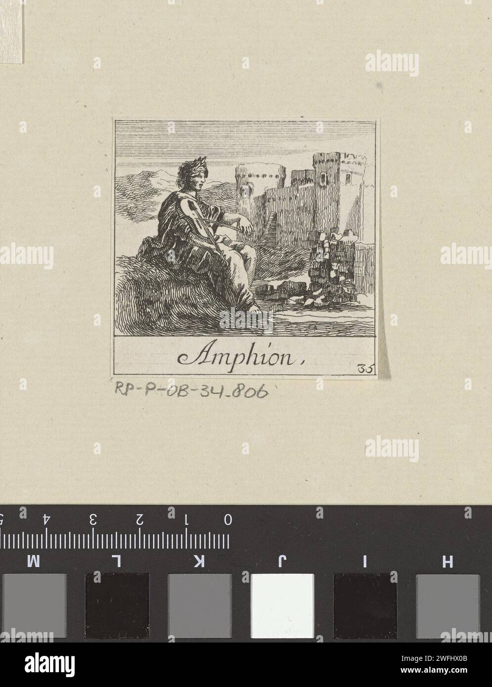 Amphion, Anonyme, Stefano Della Bella, 1620 - 1664 imprimé. Carte à jouer carte à jouer avec une performance d'Amphion avec un violon dans un paysage avec un château. (Éventuellement) gravure sur papier (histoire de) Amphion et Zethus Banque D'Images