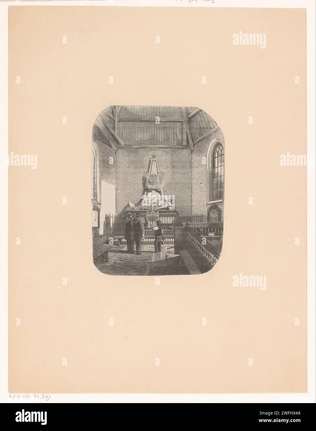 Monument funéraire, anonyme, 1800 - 1899 imprimer trois hommes se tiennent devant un monument funéraire dans une église. Bâtiment funéraire en papier des pays-Bas, tombe monumentale. intérieur de l'église Banque D'Images