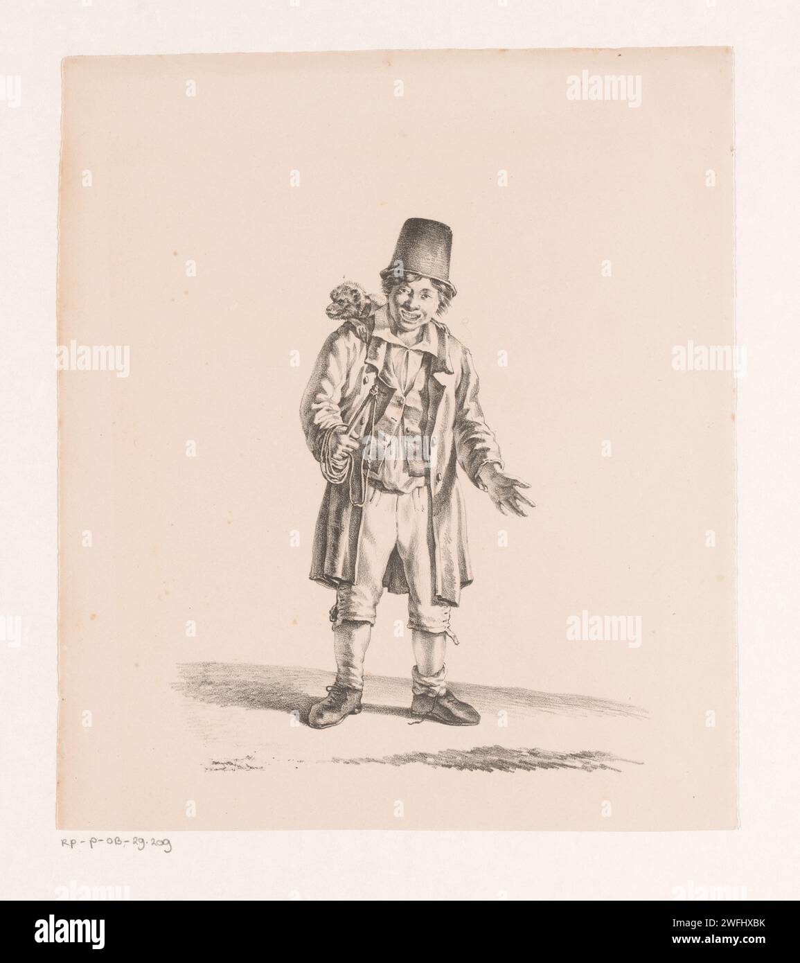 Garçon avec singe sur l'épaule, Anthonie Willem Hendrik Nolthenius de Man (attribué à), 1803 - 1842 print le garçon porte un chapeau. Dans sa main droite, il a un bâton avec une corde. papier gagnant de l'argent avec singe Banque D'Images