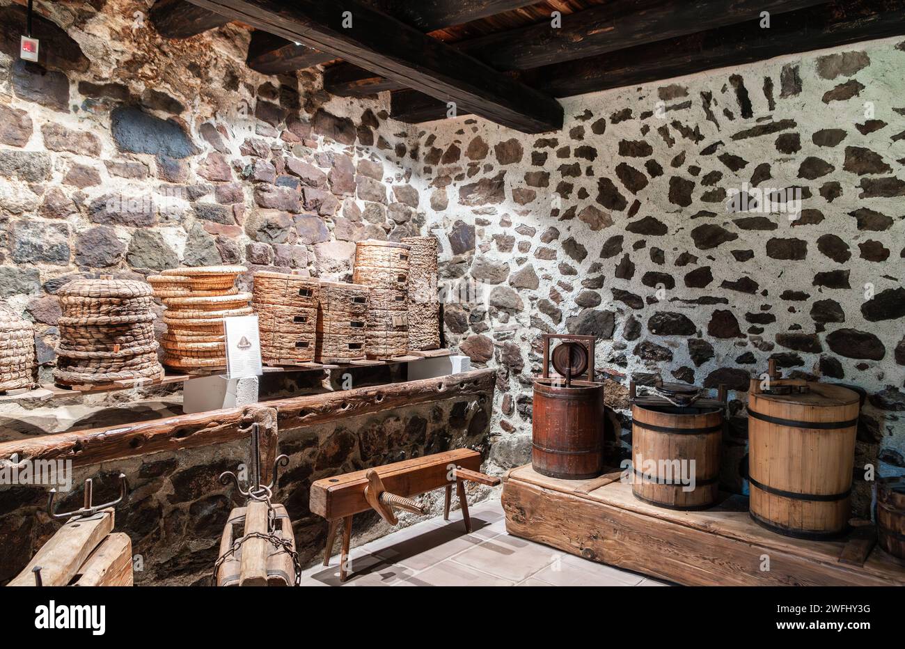 Exposition intérieure de l'ancien site Maso Plattner du Musée des abeilles, Costalovara, municipalité de Ritten, Tyrol du Sud. Trentin-Haut-Adige, nord Banque D'Images