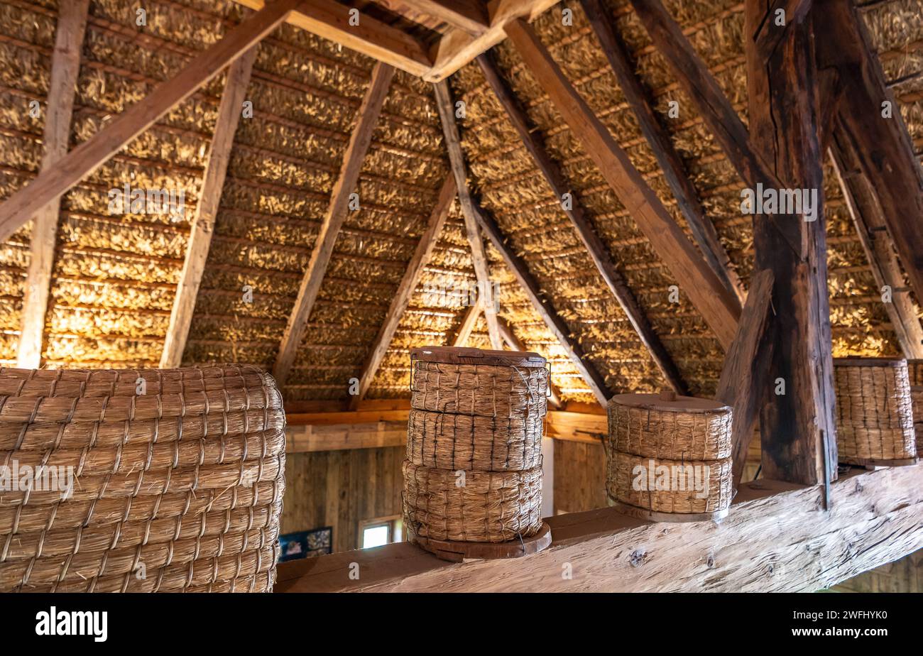 Exposition intérieure de l'ancien site Maso Plattner du Musée des abeilles, Costalovara, municipalité de Ritten, Tyrol du Sud. Trentin-Haut-Adige, nord Banque D'Images