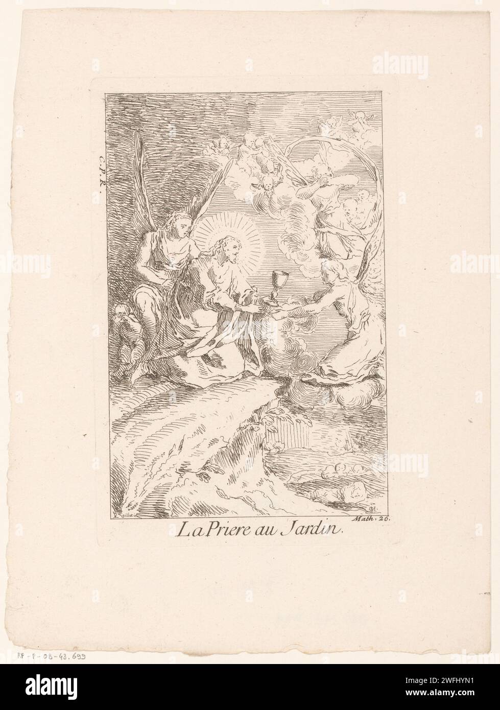 Christ Op de Olijf Mountain, Gabriel Huquier, d'après Claude Gillot, 1705 - avant 1732 imprimeur : Parisprint imprimeur : Franceafter design by : Francepublisher : Parispublisher : ParisFrance papier gravure de la prière du Christ dans le jardin de Gethsémani pendant la nuit Banque D'Images