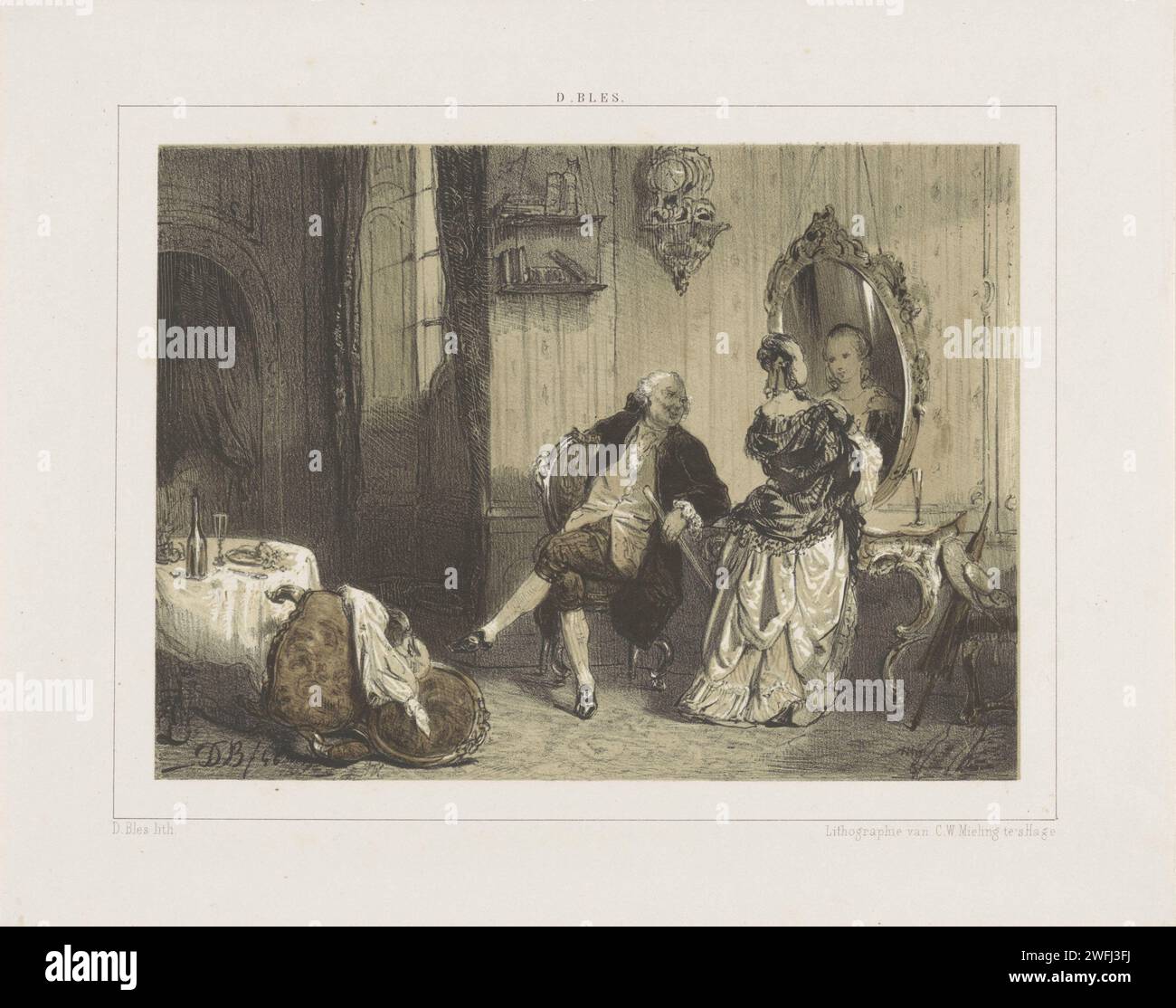 Homme et femme à l'intérieur du XVIIIe siècle, David bles, 1831 - 1899 imprimer la femme se tient devant le miroir, l'homme est assis à côté d'elle sur une chaise. Sur la gauche se trouve une table avec une chaise tombée. Le miroir en papier de la Haye. salle à manger. chaise Banque D'Images