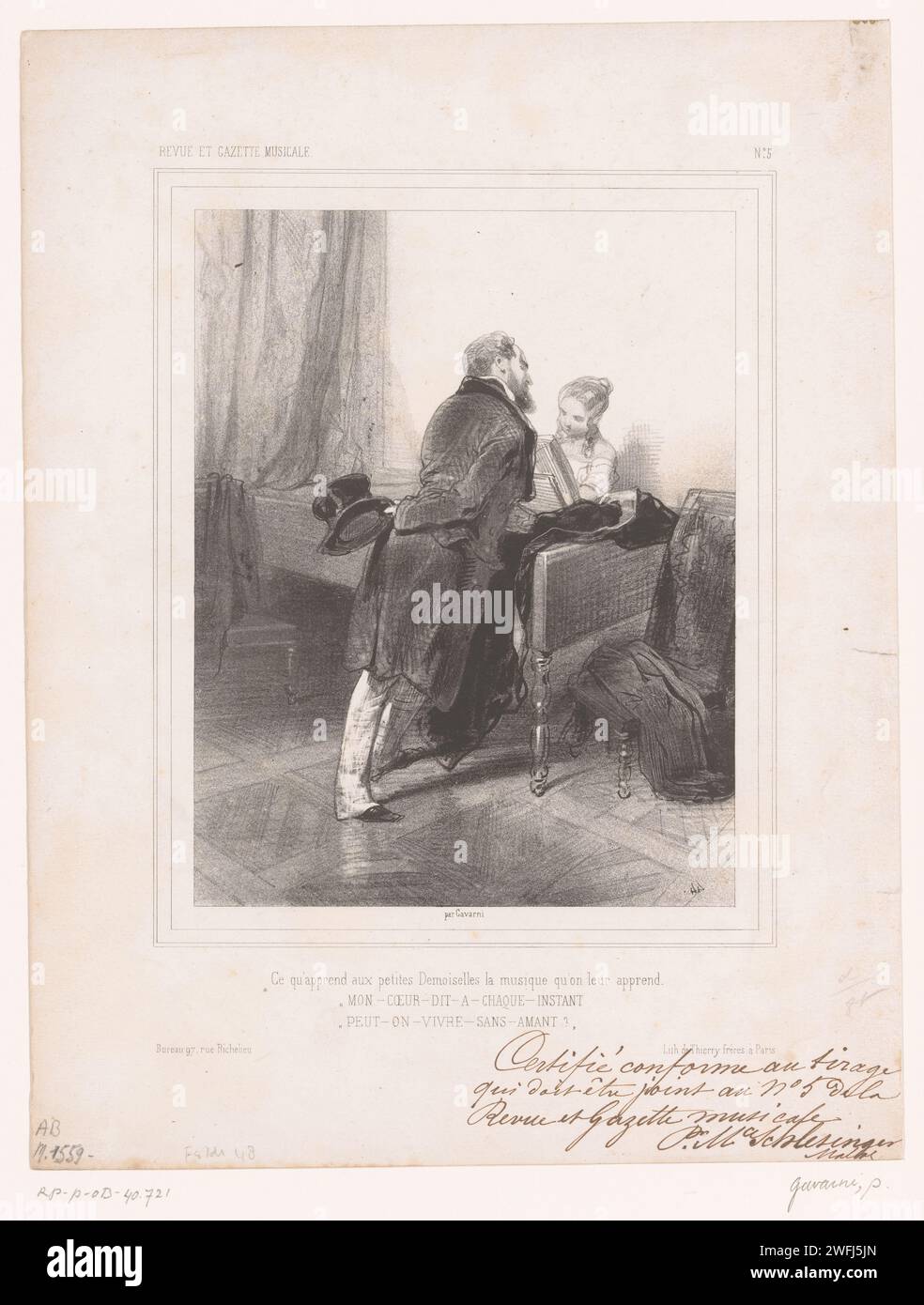Professeur de musique avec élève derrière le piano, Paul Gavarni, 1844 print Paris papier pianoforte. élèves de formation de musicien, leçon de musique. courtiser Banque D'Images