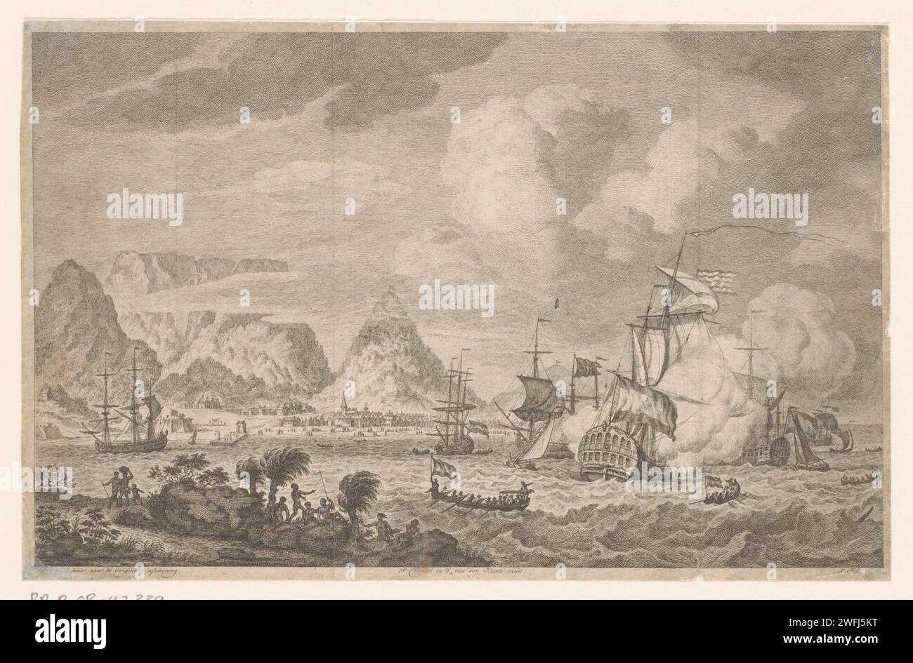 Vue du discours de Kaap de Goede Hoop, Simon Fokke, d'après Hendrik Kobell, 1768 - 1784 imprimeur : Amsterdampublisher : bateau de gravure de papier Harlingen sur les routes, roadstead. cap (côte) Cap de bonne-espérance Banque D'Images