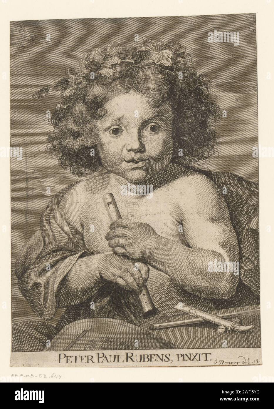Enfant à la flûte, Anton Joseph von Prenner, d'après Peter Paul Rubens, 1728 gravures sur papier. vigne-tendril, feuille. flûte, aulos, tibia Banque D'Images