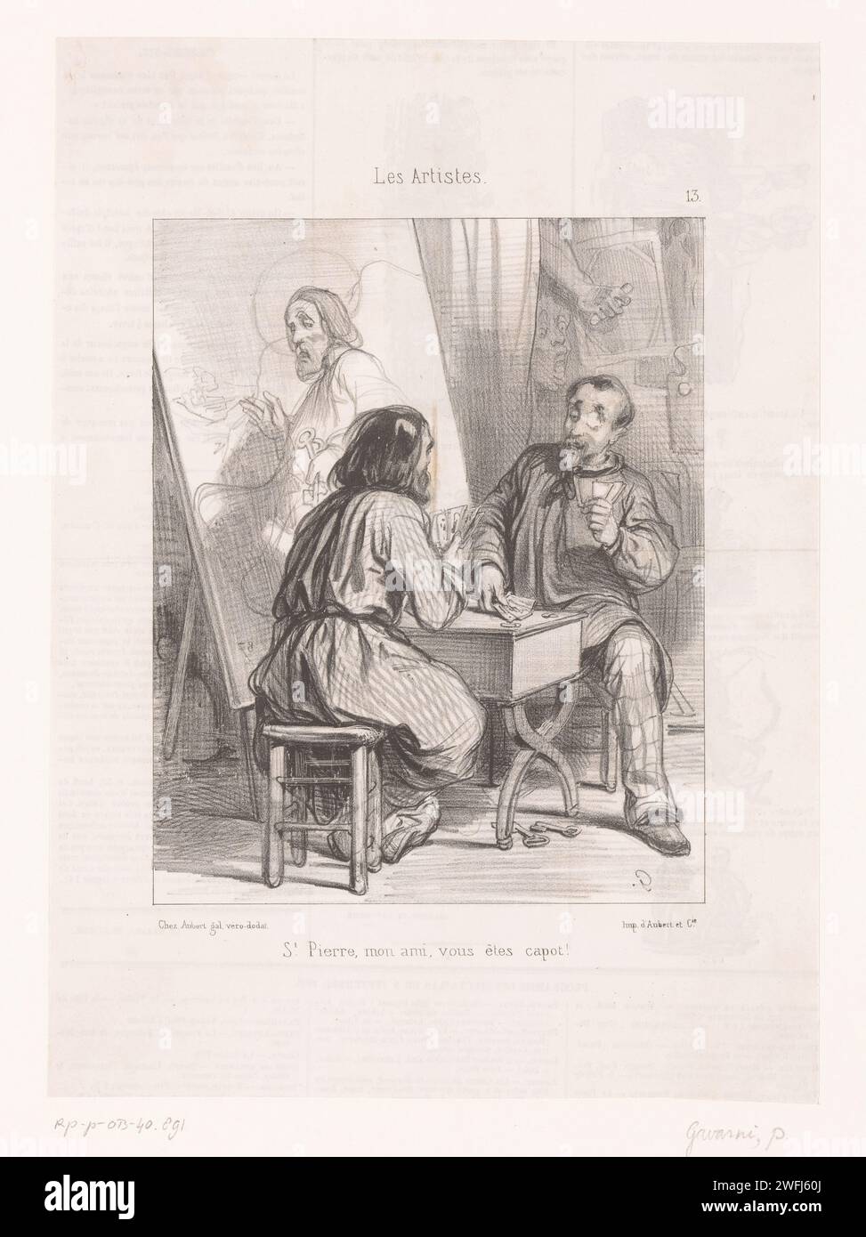 Artiste et son modèle font un jeu de cartes, Paul Gavarni, 1838 print l'artiste appelle son adversaire 'Saint Pierre', après le saint dans le tableau pour lequel l'homme est modèle. Peintre sur papier parisien en situation de non-travail. modèle d'artiste, sitter. jeux de cartes Banque D'Images