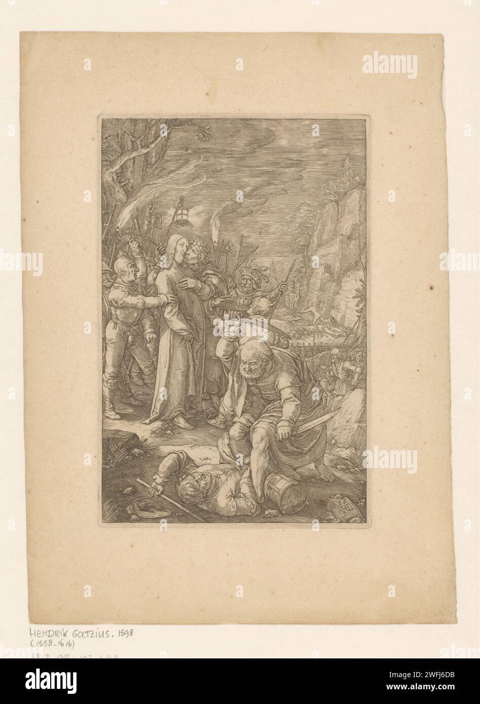 Judaskus et arrestation du Christ, 1598 imprimer Christ est capturé par des soldats à la cour de Getsémane. Judas l'embrasse sur la joue. Peter Malchus prend une oreille au premier plan. Imprimeur : Haarlem Éditeur : Haarlem Éditeur : Amsterdam gravure sur papier Peter tire son épée et coupe l'oreille de Malchus. Le baiser de Judas : accompagné de soldats avec des torches et des lanternes, il embrasse Christ Banque D'Images
