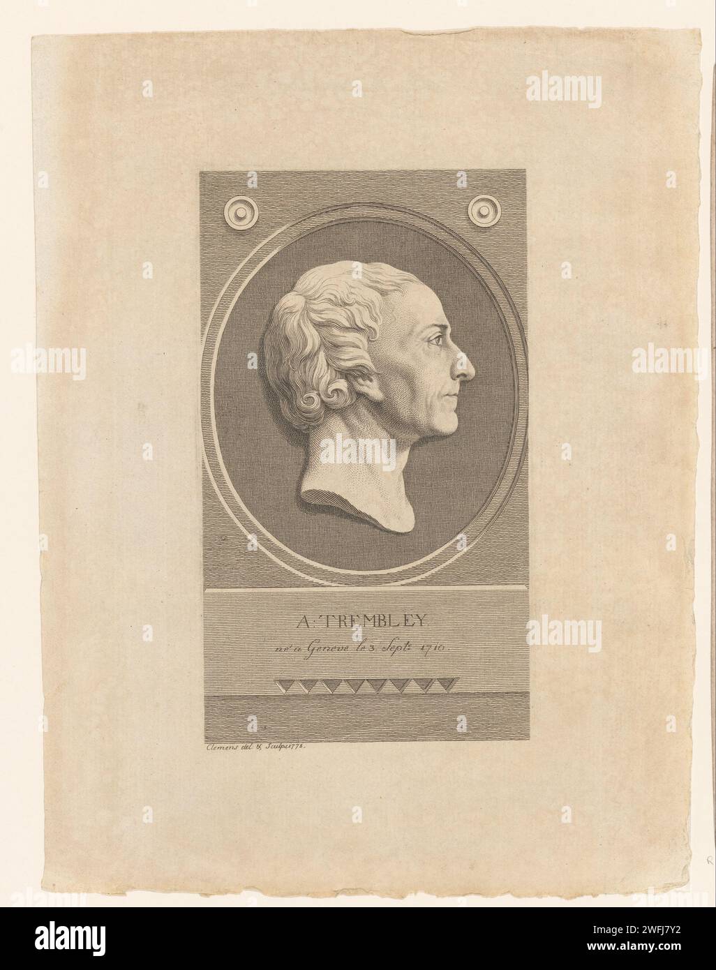 Portret Van Abraham Tremble, Johan Frederik Clemens, 1778 tirage Portrait d'Abraham Trembley, scientifique suisse, tête et profil à droite, en médaillon. Danemark gravure sur papier personnes historiques Banque D'Images