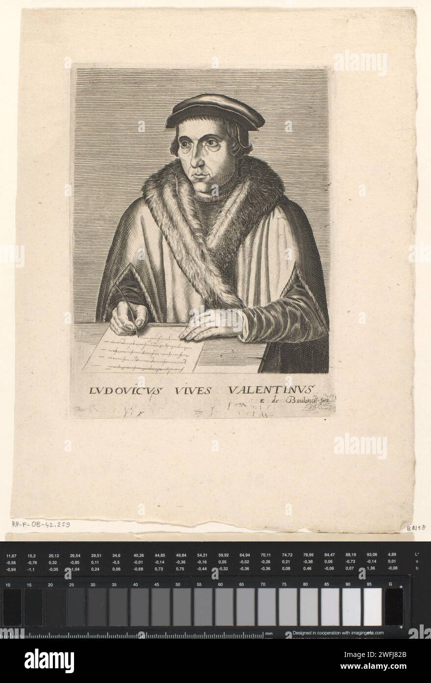 Portret van Juan Luis vives, Edme de Boulonois, 1682 estampe Bruxelles sur papier gravure de personnages historiques. érudit, philosophe Banque D'Images