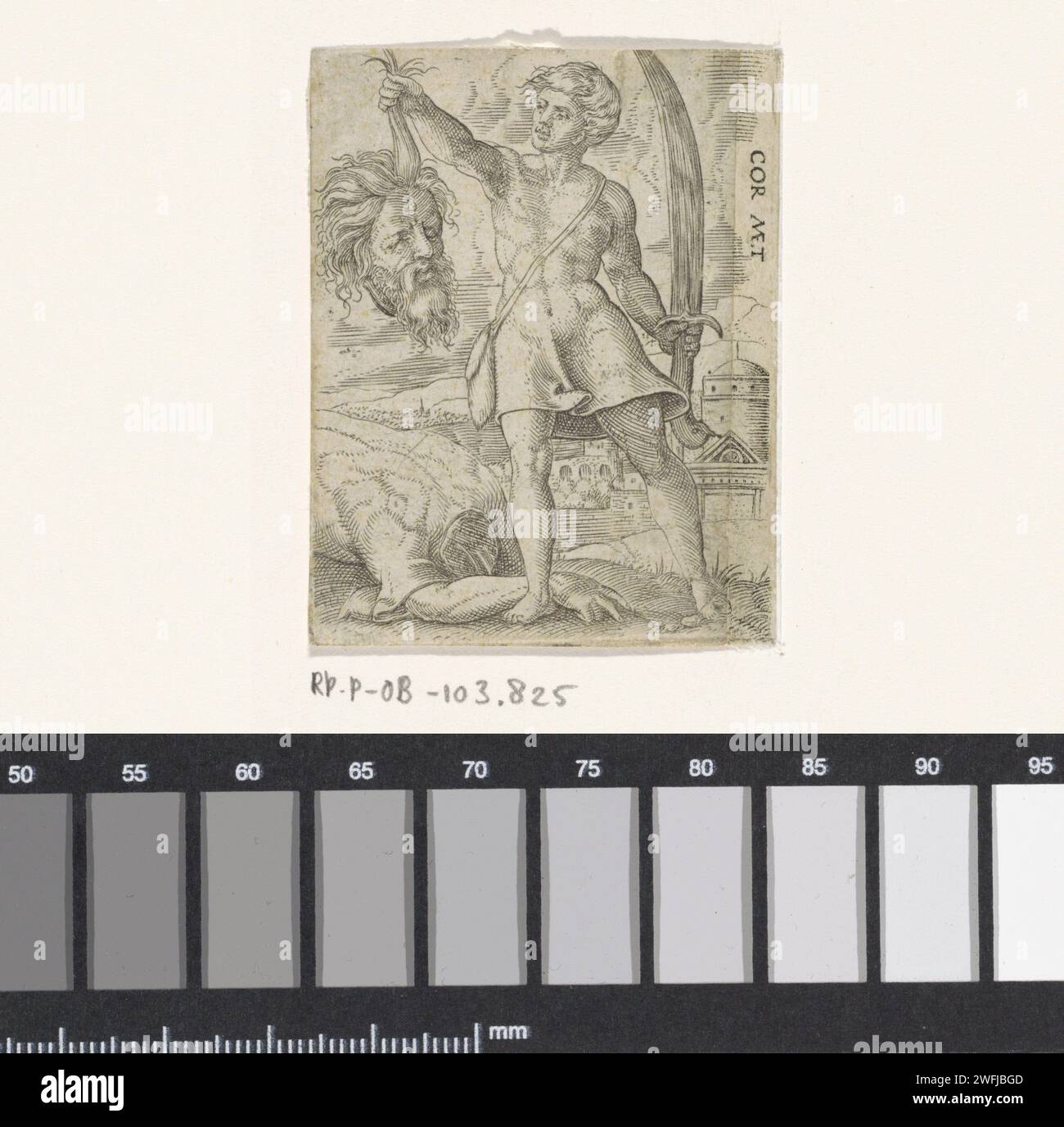 David avec la tête de Goliat, Cornelis Massijs, 1539 estampe David tient la tête sculptée de Goliat dans une main et l'épée dans l'autre main. Le corps de Goliat repose sur le sol. Anvers gravure sur papier David avec la tête de Goliath Banque D'Images