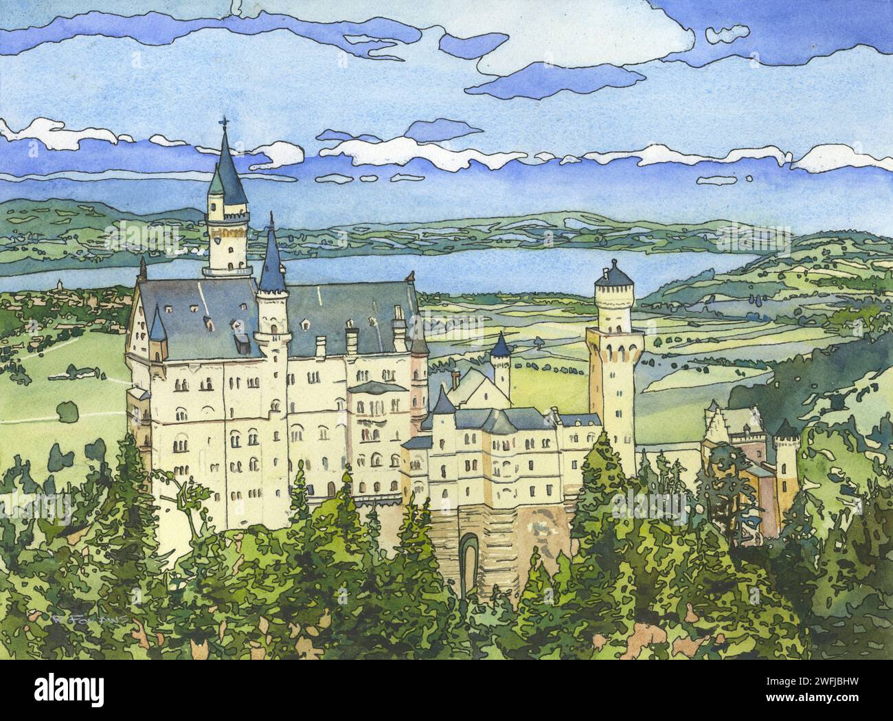 Aquarelle paysage Neuschwanstein Château Bavière Allemagne art mural tendance article fait main essentiels de voyage giclée (imprimé) Banque D'Images