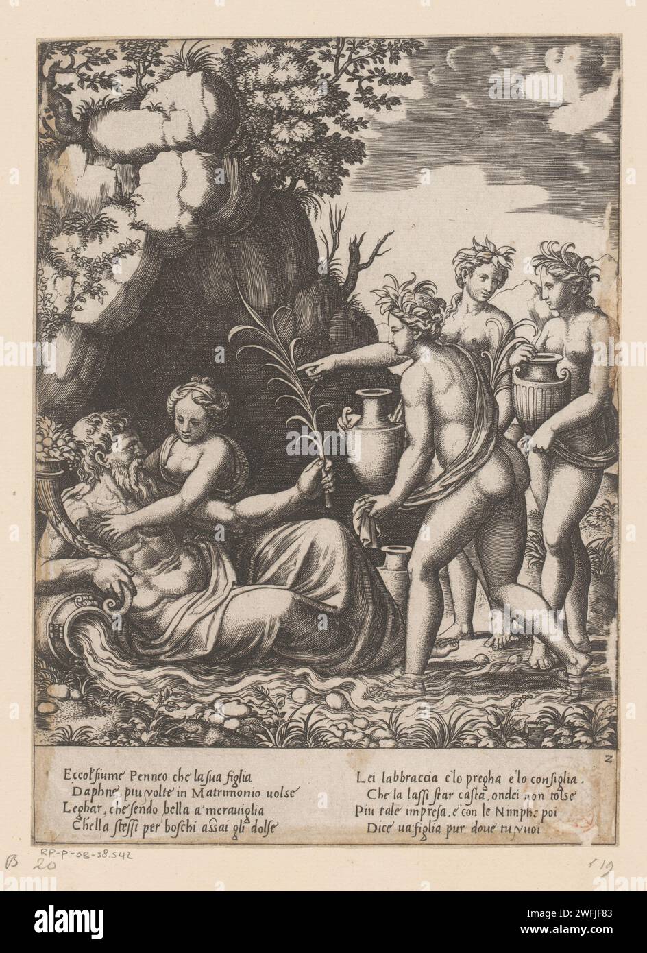 Daphne embrasse son père Peneus, maître des dés, après bangdassare peruzzi, c. 1530 - c. 1560 avant l'ouverture d'une grotte, Daphne embrasse son père, le dieu de la rivière Peneus. Sur la droite trois nymphes. Texte italien en deux colonnes dans STUDMARGE. Numéroté ci-dessous : 2. Gravure sur papier Italie (histoire de) Peneus. grotte, grotte Banque D'Images