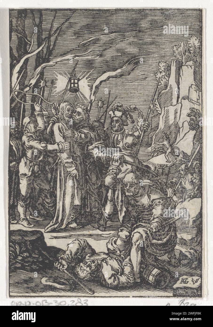 Collection du Christ, Christoffel van Sichem (II), d'après Hendrick Goltzius, 1657 print le Christ est capturé par un groupe de soldats. Judas l'embrasse sur la joue. Au premier plan, Pierre lève son épée pour enlever l'oreille de Malchus. Amsterdam paper le baiser de Judas : accompagné de soldats avec des torches et des lanternes, il embrasse le Christ. Pierre tire son épée et coupe l'oreille de Malchus Banque D'Images
