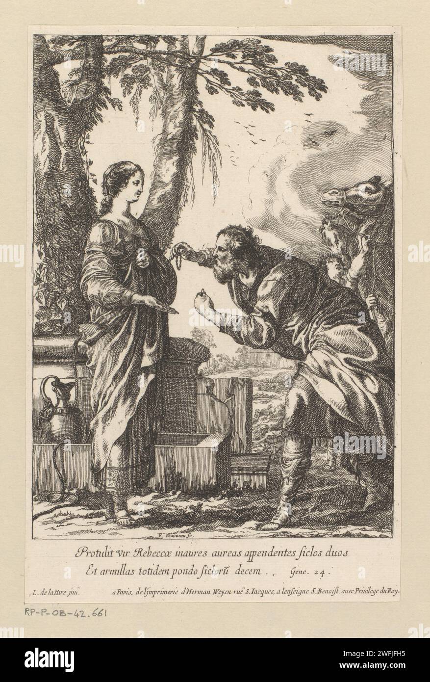 Rebekka in Eliëzer Bij de Bron, François Chauveau, d'après Laurent de la Hire, 1623 - 1672 imprimeur : Franceafter design by : Franceéditeur : ParisFrance paper graving the meeting at the well : Eliezer voit Rebekah venir avec un pichet. animaux à onglons : chameau Banque D'Images