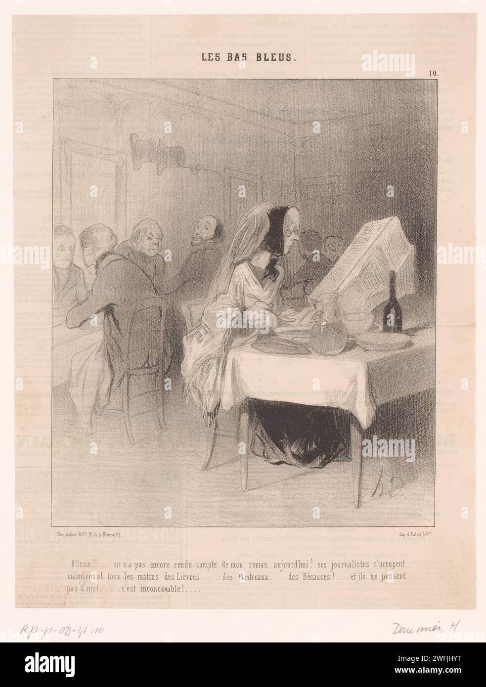 Écrivain lit le journal dans un restaurant, Honoré Daumier, 1844 print l'écrivain trouve incompréhensible que son livre n'ait pas été revu dans le journal. Caricatures en papier de Paris (types humains). écrivain, poète, auteur. restaurant. journal, bulletin d'information Banque D'Images