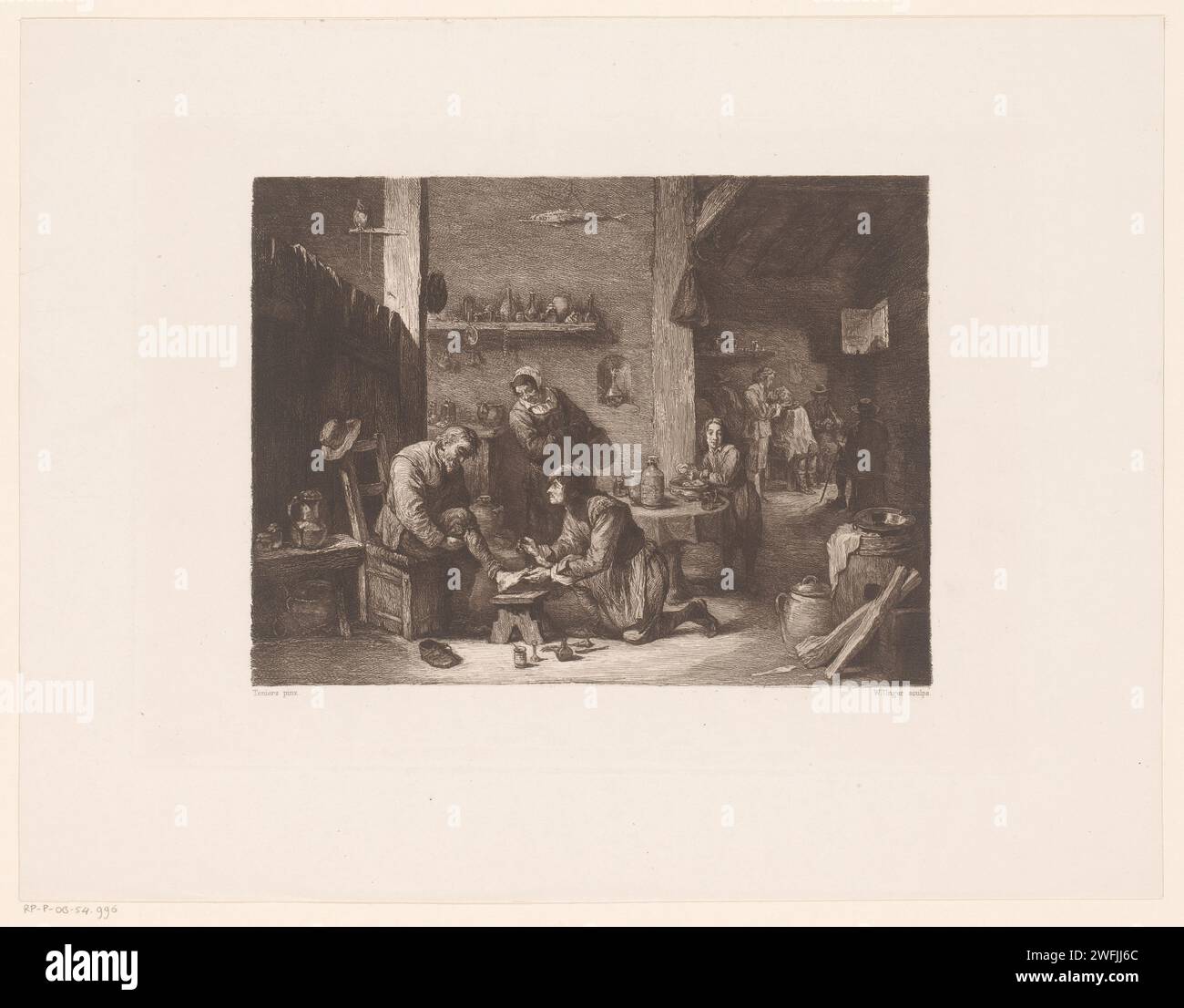 Intérieur avec un médecin et un barbier, William Unger, d'après David Teniers (II), 1847 - 1889 imprimer Allemagne papier gravure médecin, médecin. quack, charlatan, mountebank, 'saltimbanco'. se raser, se raser Banque D'Images